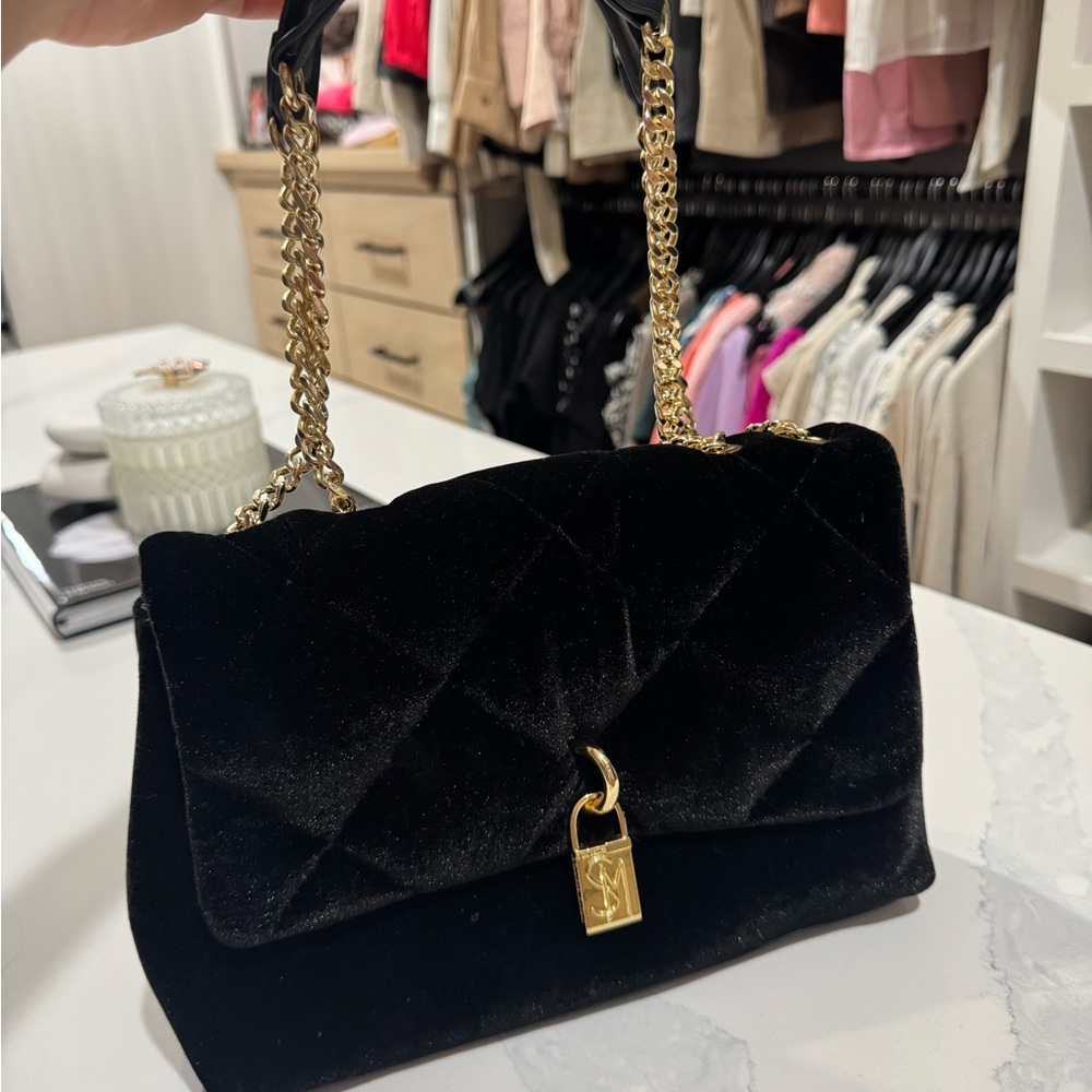 Steve Madden Black Velvet Shoulder Bag with Gold Chain
